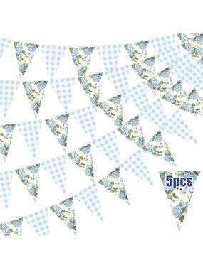 Blue Floral & Gingham Party Bunting Banners. Set of 5- Home Party Supplies🌼